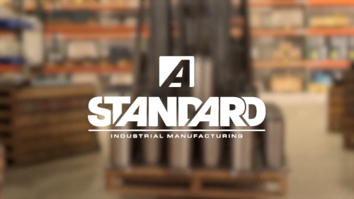 dulled image of a forklift in a warehouse with the Standard Industrial Manufacturing logo in center